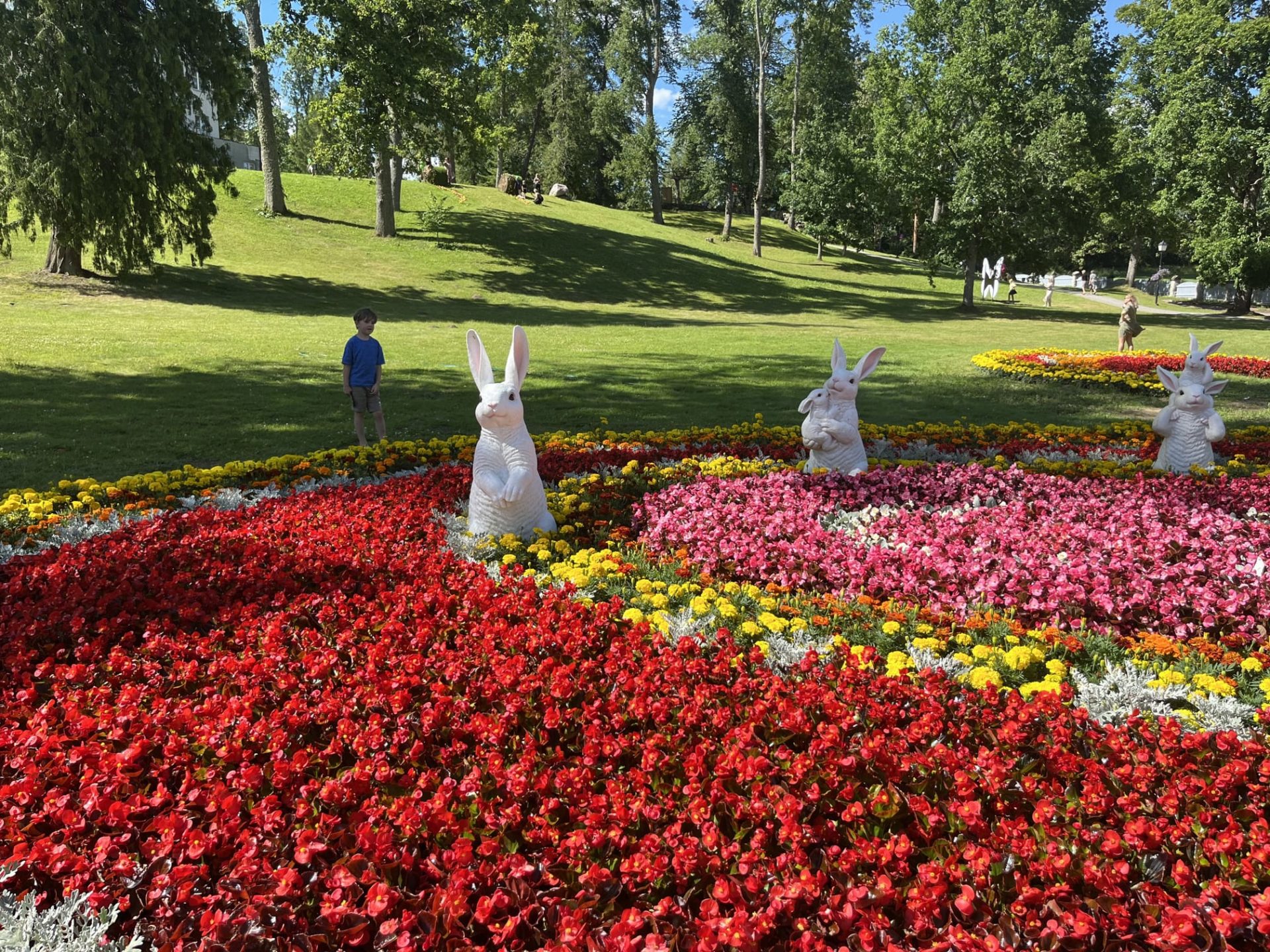 Vaade lillepeenrale aias, domineerivad punased ja roosad lilled